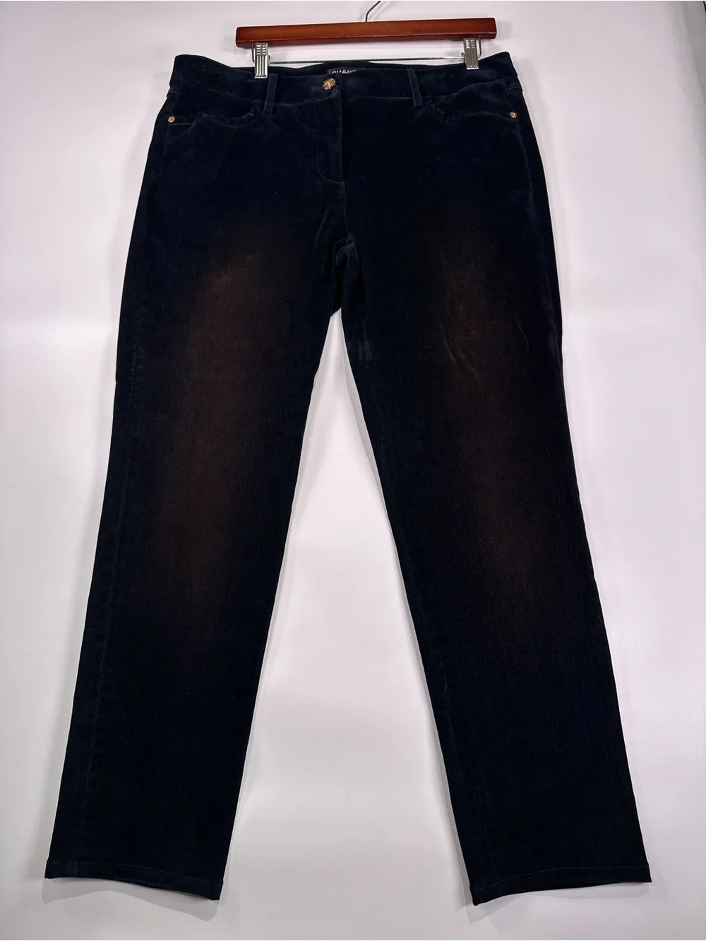 Chanel 17A CC Lion Button Straight Leg Velvet Pants Navy Blue FR 46